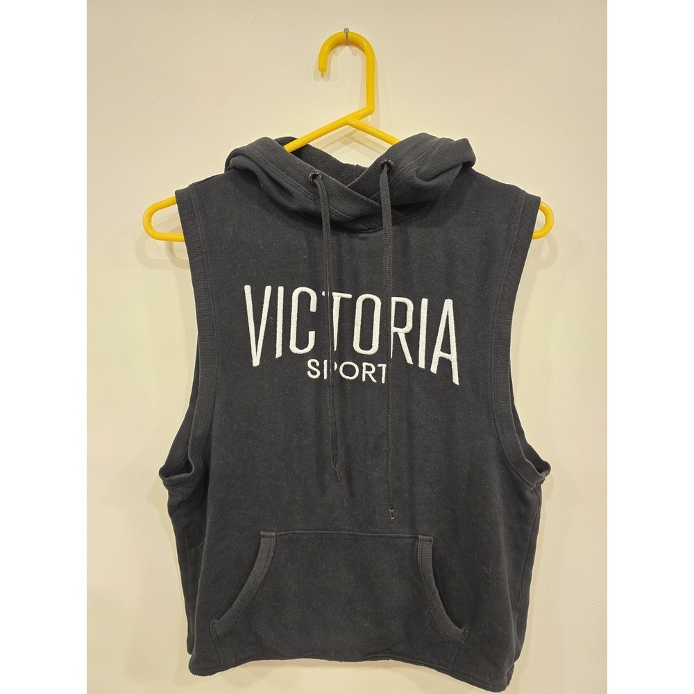 Victoria Sport Sleeveless Hoodie Crop Top Black Athleisure Y2K Gym Streetwear SM